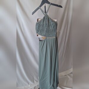 Elegant Sage Green Lace Halter Evening Dress with Rhinestone Trim